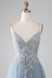 Graues blaues Spaghettiträger-glitzerndes Pailletten-langes Ballkleid
