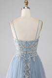 Graues blaues Spaghettiträger-glitzerndes Pailletten-langes Ballkleid