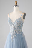 Graues blaues Spaghettiträger-glitzerndes Pailletten-langes Ballkleid