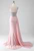 Laden Sie das Bild in den Galerie-Viewer, Rosa Meerjungfrau trägerloses, perlenbesetztes langes Ballkleid mit hohem Schlitz