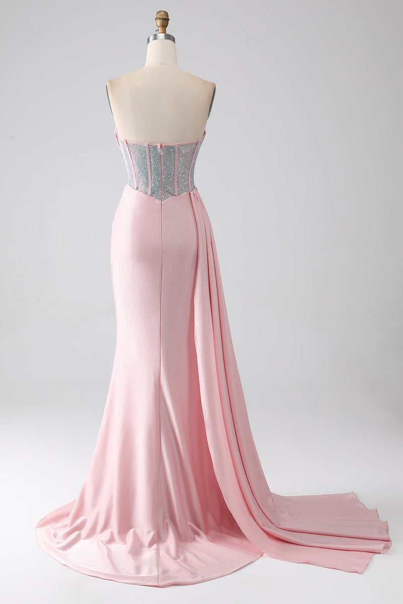 Laden Sie das Bild in den Galerie-Viewer, Rosa Meerjungfrau trägerloses, perlenbesetztes langes Ballkleid mit hohem Schlitz