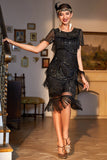 Juwelenausschnitt Schwarzes rotes perlenbesetztes Gatsby-Flapper-Kleid mit Fransen