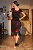 Juwelenausschnitt Schwarzes rotes perlenbesetztes Gatsby-Flapper-Kleid mit Fransen
