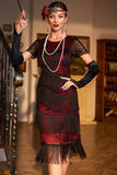 Juwelenausschnitt Schwarzes rotes perlenbesetztes Gatsby-Flapper-Kleid mit Fransen