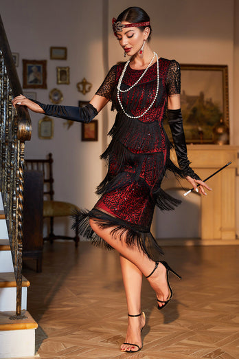 Juwelenausschnitt Schwarzes rotes perlenbesetztes Gatsby-Flapper-Kleid mit Fransen