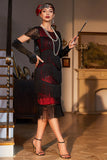 Juwelenausschnitt Schwarzes rotes perlenbesetztes Gatsby-Flapper-Kleid mit Fransen