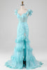 Laden Sie das Bild in den Galerie-Viewer, Himmelblaues, schulterfreies Kleid aus Spitze und Pailletten-Meerjungfrau mit Schlitz