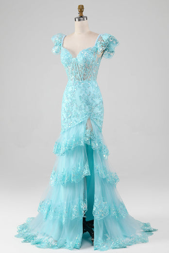 Himmelblaues, schulterfreies Kleid aus Spitze und Pailletten-Meerjungfrau mit Schlitz