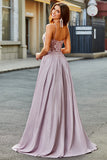 Glitzerndes Spaghettiträger-Blush-Ballkleid in A-Linie mit Perlen