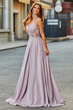 Glitzerndes Spaghettiträger-Blush-Ballkleid in A-Linie mit Perlen