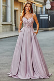 Glitzerndes Spaghettiträger-Blush-Ballkleid in A-Linie mit Perlen