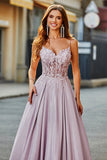 Glitzerndes Spaghettiträger-Blush-Ballkleid in A-Linie mit Perlen