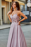 Glitzerndes Spaghettiträger-Blush-Ballkleid in A-Linie mit Perlen