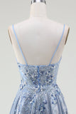 Glitzer A-Linie Spaghettiträger Grau Blau Ballkleid