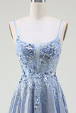 Glitzer A-Linie Spaghettiträger Grau Blau Ballkleid