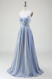 Glitzer A-Linie Spaghettiträger Grau Blau Ballkleid