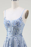 Glitzer A-Linie Spaghettiträger Grau Blau Ballkleid