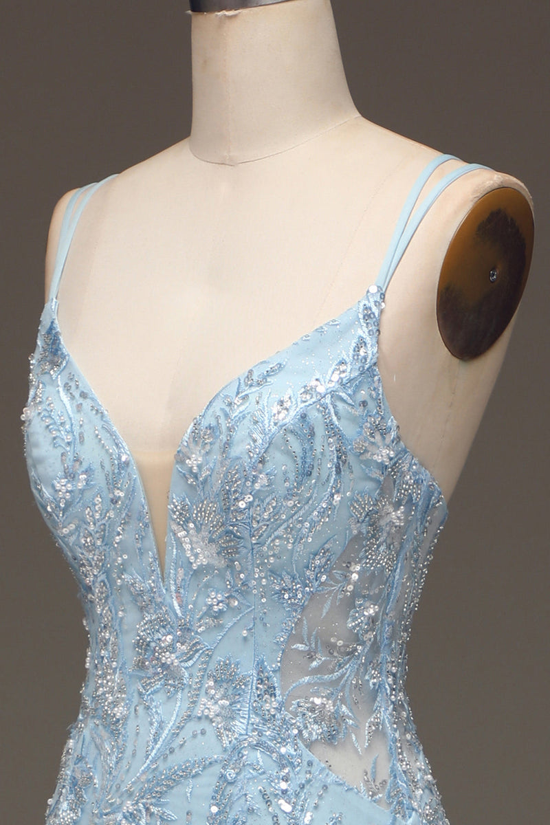 Laden Sie das Bild in den Galerie-Viewer, Blaues Tüll-Meerjungfrauen-Ballkleid mit Perlen