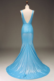Blaues Meerjungfrauen-Ballkleid mit Glitzer und V-Ausschnitt