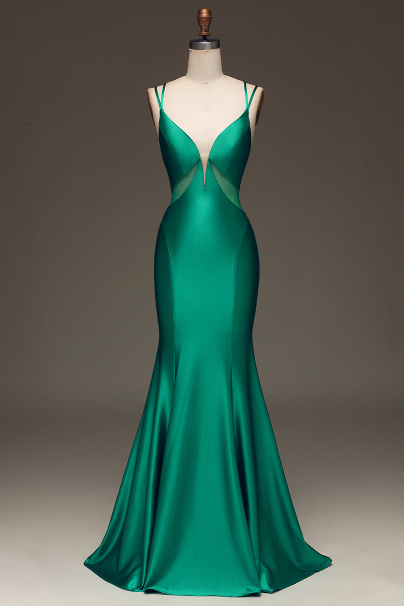 Laden Sie das Bild in den Galerie-Viewer, Grünes Meerjungfrauen-Ballkleid aus Satin mit V-Ausschnitt und geschnürtem Rücken