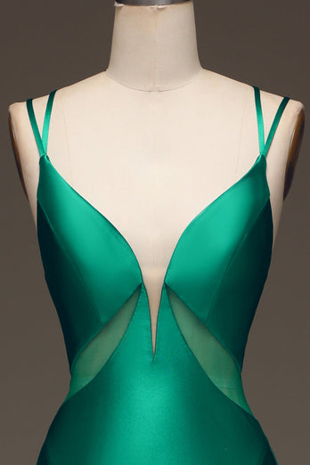 Grünes Meerjungfrauen-Ballkleid aus Satin mit V-Ausschnitt und geschnürtem Rücken