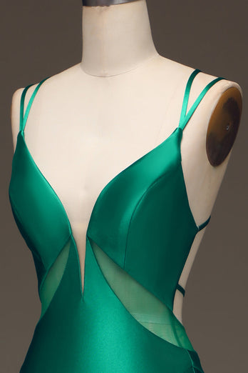Grünes Meerjungfrauen-Ballkleid aus Satin mit V-Ausschnitt und geschnürtem Rücken