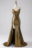 Sparkly Mermaid Golden Metallic Langes Ballkleid mit Schlitz