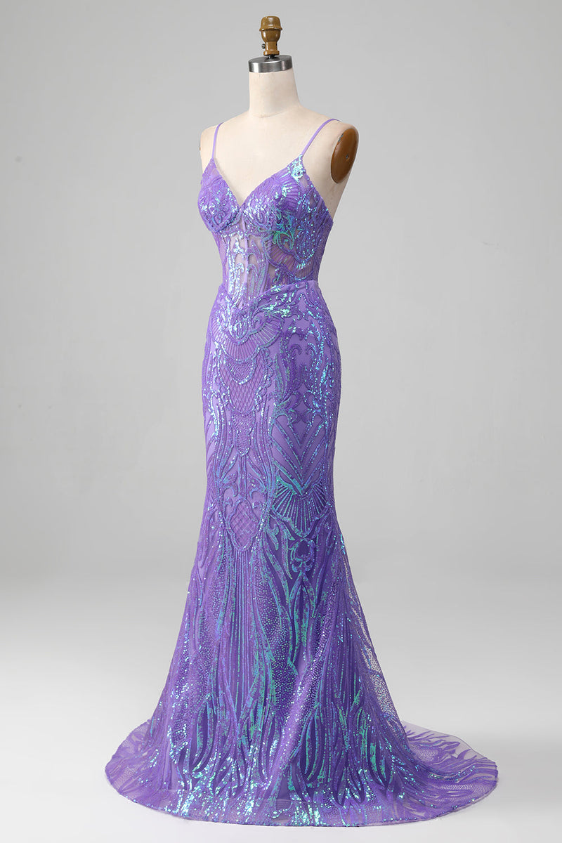Laden Sie das Bild in den Galerie-Viewer, Meerjungfrau glitzerndes lila Korsett-Ballkleid