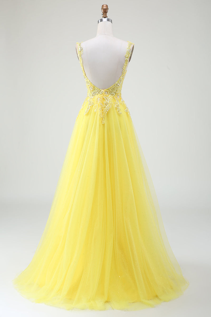Laden Sie das Bild in den Galerie-Viewer, Perlenbesetztes gelbes Korsett-Ballkleid mit Tüll und Schlitz