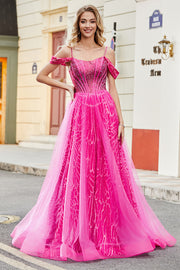 A-Linie Cold Shoudler Sparkly Hot Pink Korsett Ballkleid mit Perlen