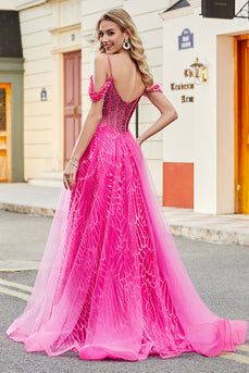 A-Linie Cold Shoudler Sparkly Hot Pink Korsett Ballkleid mit Perlen
