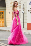 A-Linie Cold Shoudler Sparkly Hot Pink Korsett Ballkleid mit Perlen