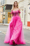 A-Linie Cold Shoudler Sparkly Hot Pink Korsett Ballkleid mit Perlen