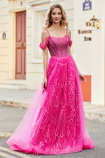 A-Linie Cold Shoudler Sparkly Hot Pink Korsett Ballkleid mit Perlen
