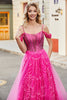 Laden Sie das Bild in den Galerie-Viewer, A-Linie Cold Shoudler Sparkly Hot Pink Korsett Ballkleid mit Perlen