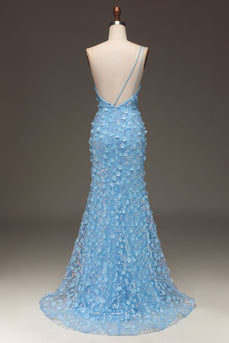 Hellblaues Meerjungfrauen-Kleid mit Paillettenschlitz und Pailletten an der Schulterseite mit Applikationen