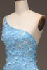 Laden Sie das Bild in den Galerie-Viewer, Hellblaues Meerjungfrauen-Kleid mit Paillettenschlitz und Pailletten an der Schulterseite mit Applikationen
