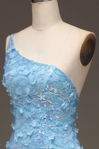 Hellblaues Meerjungfrauen-Kleid mit Paillettenschlitz und Pailletten an der Schulterseite mit Applikationen