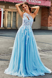 Hellblaues A-Linien-One-Shoulder-langes Tüll-Ballkleid mit Applikationen