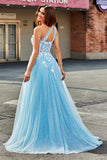 Hellblaues A-Linien-One-Shoulder-langes Tüll-Ballkleid mit Applikationen
