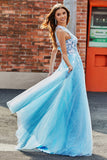 Hellblaues A-Linien-One-Shoulder-langes Tüll-Ballkleid mit Applikationen