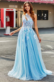 Hellblaues A-Linien-One-Shoulder-langes Tüll-Ballkleid mit Applikationen