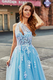 Hellblaues A-Linien-One-Shoulder-langes Tüll-Ballkleid mit Applikationen