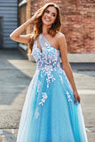Hellblaues A-Linien-One-Shoulder-langes Tüll-Ballkleid mit Applikationen