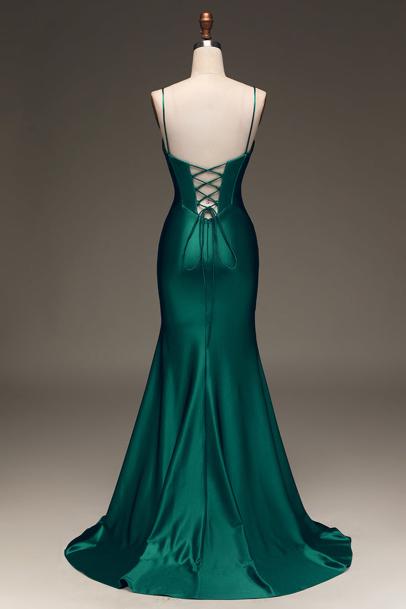Laden Sie das Bild in den Galerie-Viewer, Dunkelgrünes Ballkleid aus Satin-Meerjungfrau mit Schnürrücken und Korsett