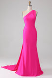 Meerjungfrau Hot Pink One Shoulder Long Abschlussballkleid