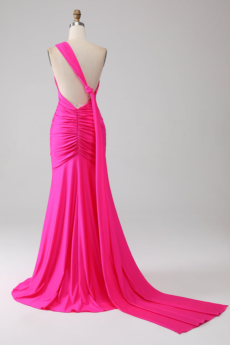 Laden Sie das Bild in den Galerie-Viewer, Meerjungfrau Hot Pink One Shoulder Long Abschlussballkleid