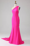 Meerjungfrau Hot Pink One Shoulder Long Abschlussballkleid