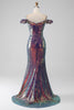 Laden Sie das Bild in den Galerie-Viewer, Glitzernde Meerjungfrau schulterfreies lilafarbenes Ballkleid mit Schlitz