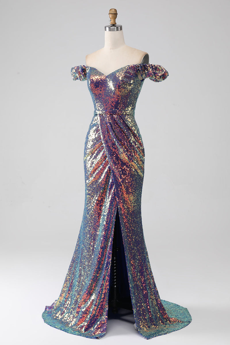 Laden Sie das Bild in den Galerie-Viewer, Glitzernde Meerjungfrau schulterfreies lilafarbenes Ballkleid mit Schlitz